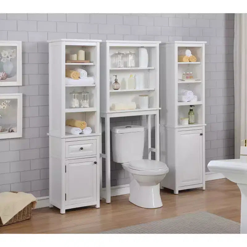 Colonna bagno con ripiani aperti, armadietto e cassetto – Legno massello