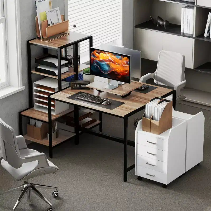 Scrivania da Computer con Supporto per Monitor e Scaffale Laterale Reversibile a 4 Livelli – Ufficio Domestico