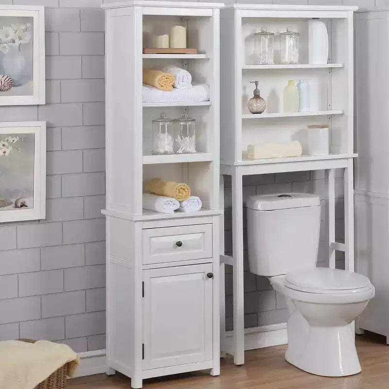 Colonna bagno con ripiani aperti, armadietto e cassetto – Legno massello
