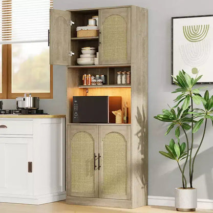 Mobile dispensa da cucina da 180 cm con luce RGB, supporto per microonde e 4 ante