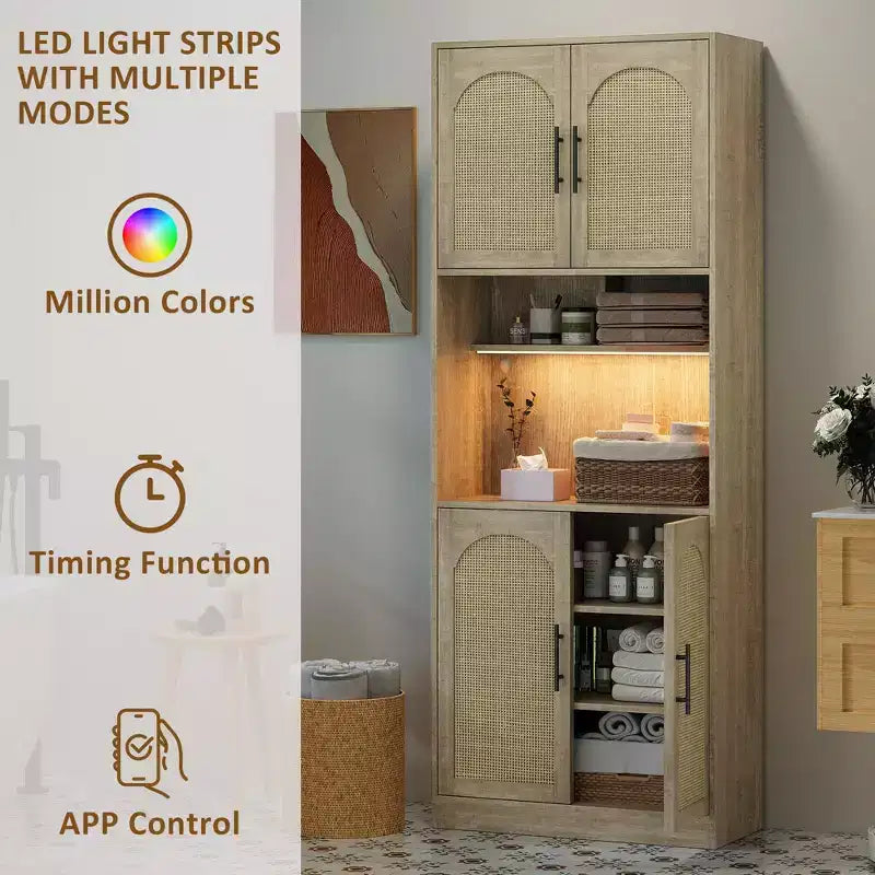 Mobile dispensa da cucina da 180 cm con luce RGB, supporto per microonde e 4 ante