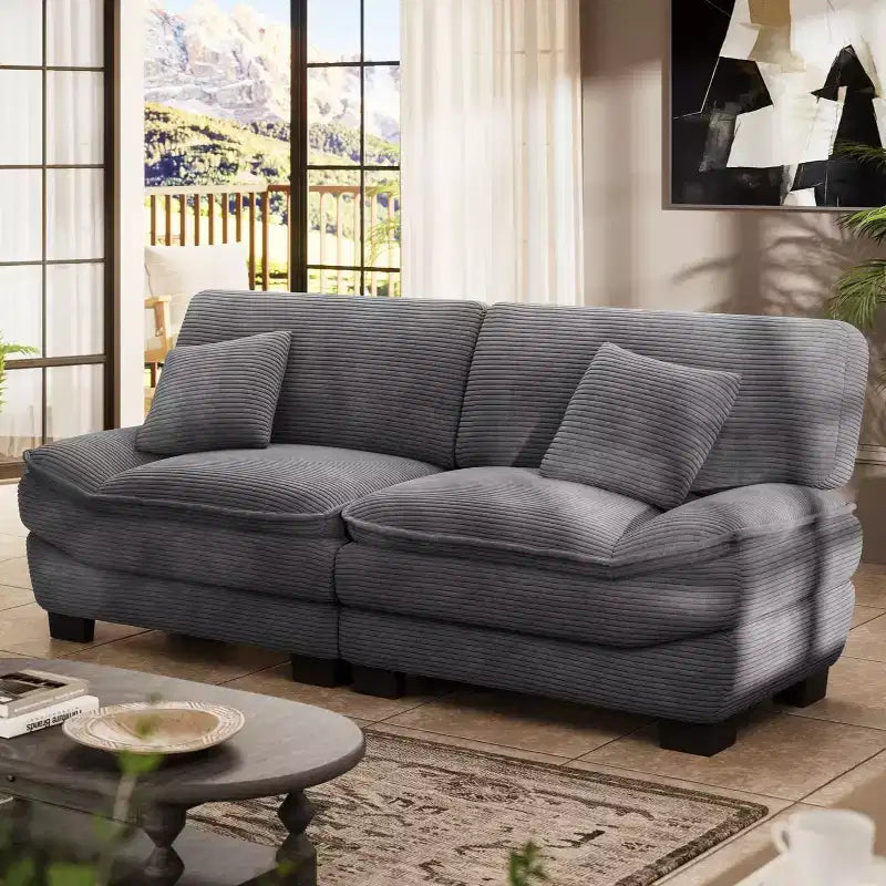 Grey 87 Corduroy Couch with 2 Pillows, Sailboat-Shape Deep Seat Sofa for Living Room, Small Space, Office, Apartment-Morden Fort