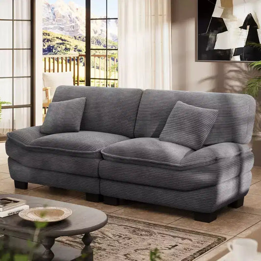 Grey 87 Corduroy Couch with 2 Pillows, Sailboat-Shape Deep Seat Sofa for Living Room, Small Space, Office, Apartment-Morden Fort