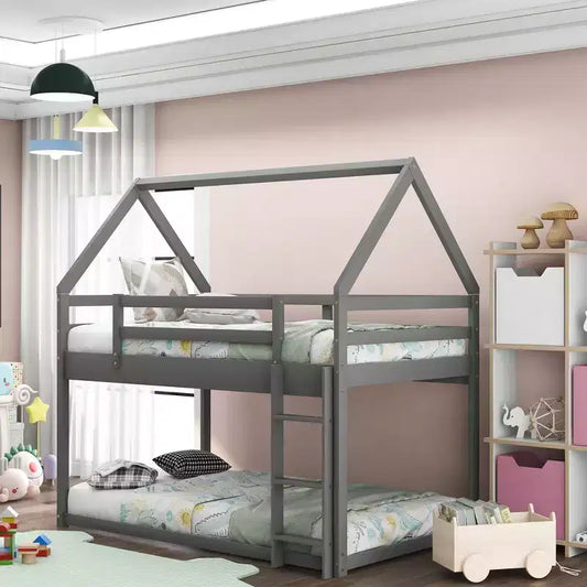 Whisen House-shaped Twin over Twin Low Bunk Bed with Ladder