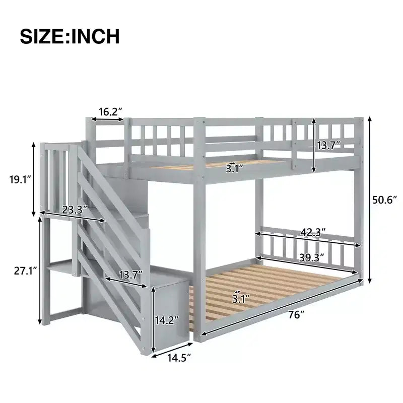 Letto a Castello a Terra Whisen Wood Twin su Twin con Scaletta Contenitore