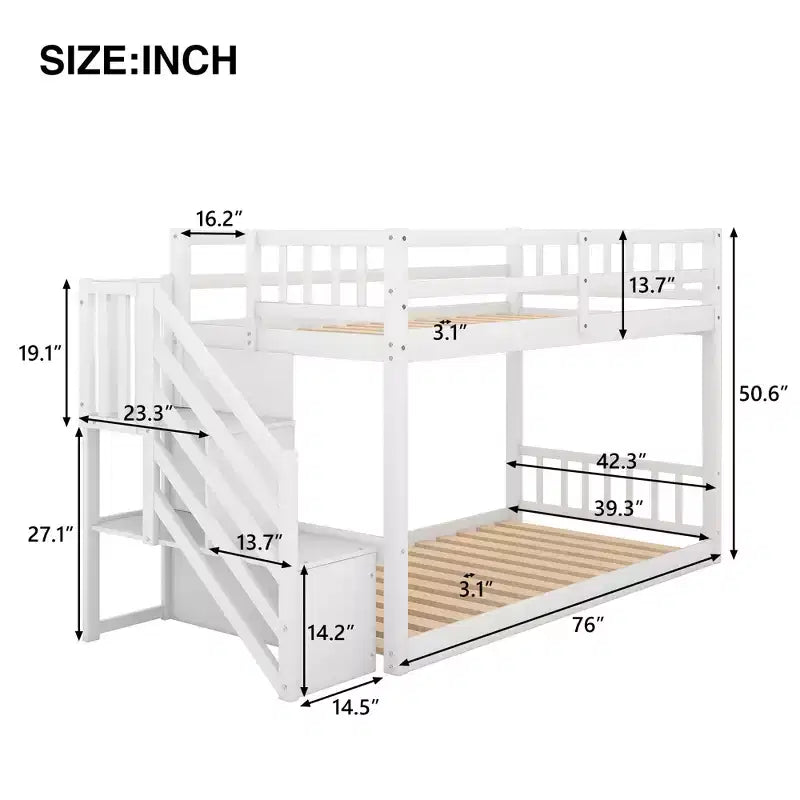 Letto a Castello a Terra Whisen Wood Twin su Twin con Scaletta Contenitore