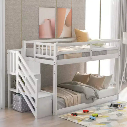 Letto a Castello a Terra Whisen Wood Twin su Twin con Scaletta Contenitore