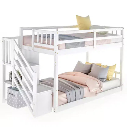 Letto a Castello a Terra Whisen Wood Twin su Twin con Scaletta Contenitore