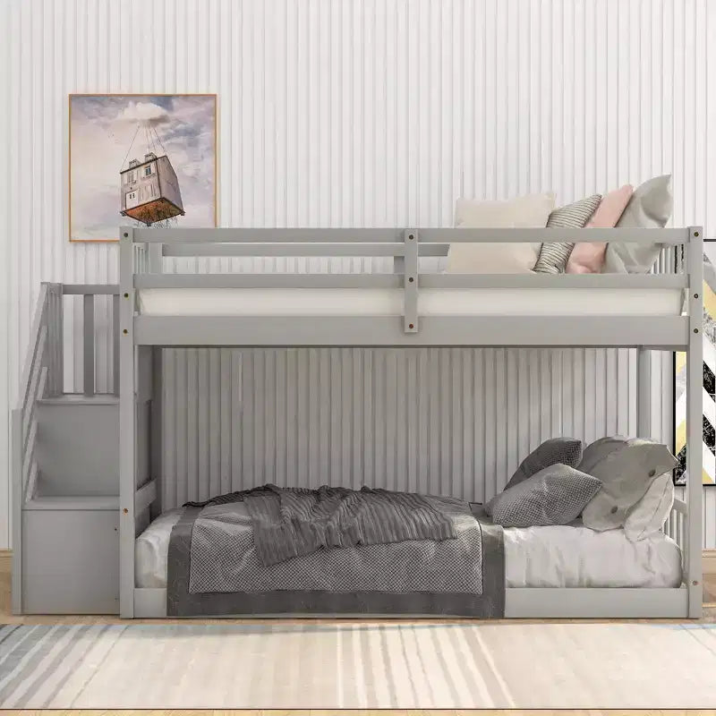 Letto a Castello a Terra Whisen Wood Twin su Twin con Scaletta Contenitore