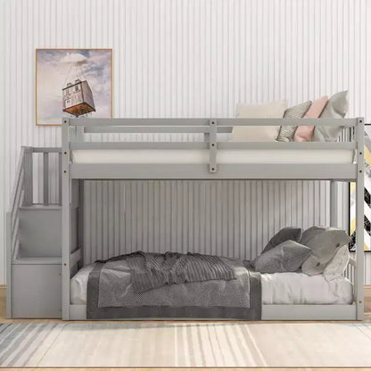 Letto a Castello a Terra Whisen Wood Twin su Twin con Scaletta Contenitore