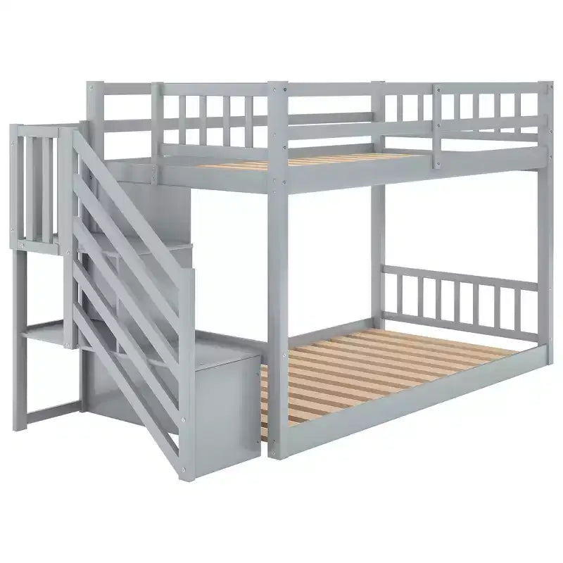Letto a Castello a Terra Whisen Wood Twin su Twin con Scaletta Contenitore