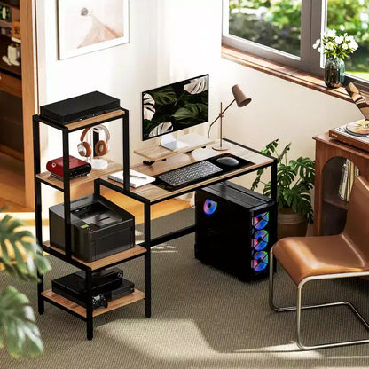 Scrivania da Computer con Supporto per Monitor e Scaffale Laterale Reversibile a 4 Livelli – Ufficio Domestico