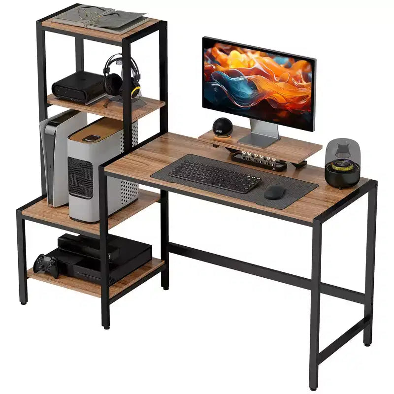 Scrivania da Computer con Supporto per Monitor e Scaffale Laterale Reversibile a 4 Livelli – Ufficio Domestico