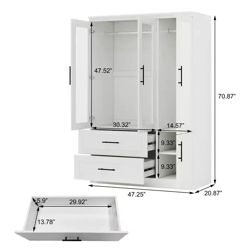 Guardaroba/Armadio in Legno Bianco con 2 Cassetti, 4 Ante e Asta Appendiabiti – 120 cm