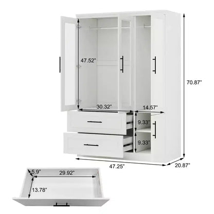 Guardaroba/Armadio in Legno Bianco con 2 Cassetti, 4 Ante e Asta Appendiabiti – 120 cm