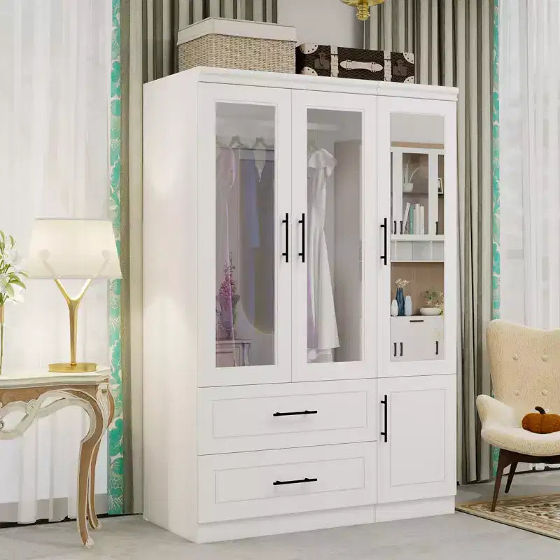 Guardaroba/Armadio in Legno Bianco con 2 Cassetti, 4 Ante e Asta Appendiabiti – 120 cm