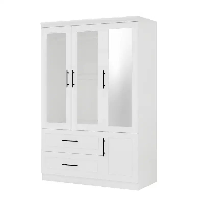 Guardaroba/Armadio in Legno Bianco con 2 Cassetti, 4 Ante e Asta Appendiabiti – 120 cm