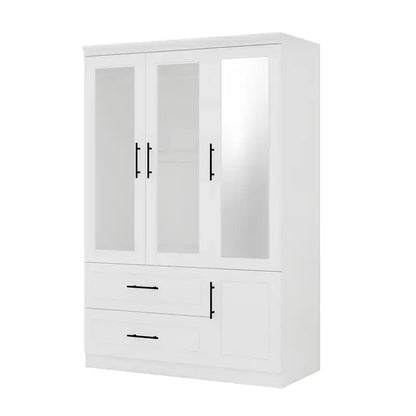 Guardaroba/Armadio in Legno Bianco con 2 Cassetti, 4 Ante e Asta Appendiabiti – 120 cm