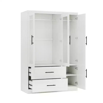 Guardaroba/Armadio in Legno Bianco con 2 Cassetti, 4 Ante e Asta Appendiabiti – 120 cm