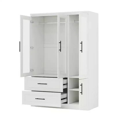 Guardaroba/Armadio in Legno Bianco con 2 Cassetti, 4 Ante e Asta Appendiabiti – 120 cm