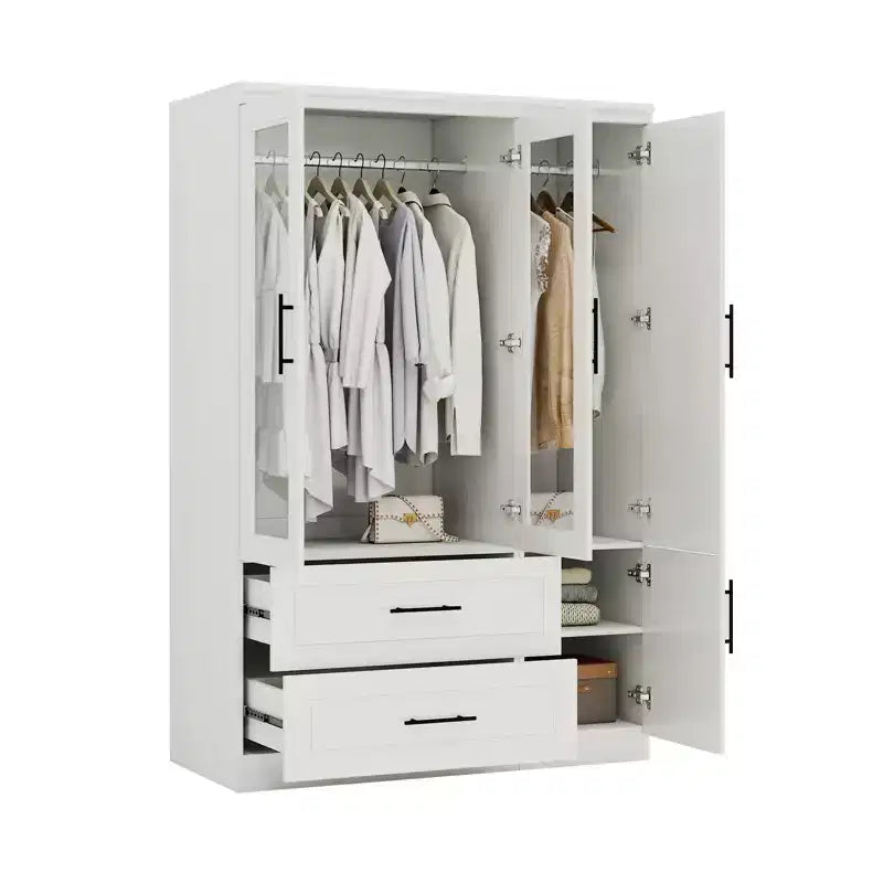 Guardaroba/Armadio in Legno Bianco con 2 Cassetti, 4 Ante e Asta Appendiabiti – 120 cm