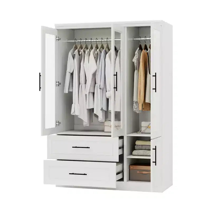Guardaroba/Armadio in Legno Bianco con 2 Cassetti, 4 Ante e Asta Appendiabiti – 120 cm