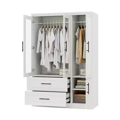 Guardaroba/Armadio in Legno Bianco con 2 Cassetti, 4 Ante e Asta Appendiabiti – 120 cm