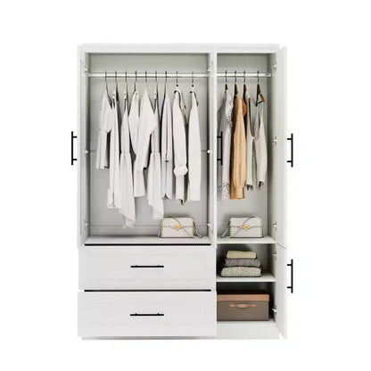 Guardaroba/Armadio in Legno Bianco con 2 Cassetti, 4 Ante e Asta Appendiabiti – 120 cm