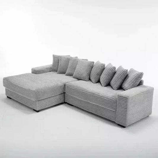 GDFStudio Isabel 111 Corduroy Upholstered Wood L Shaped Sofa with Eight Pillows