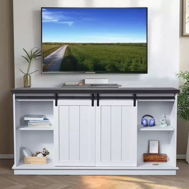 Mobile TV da 160 cm stile rustico per TV fino a 80" con ripiani aperti e armadietti