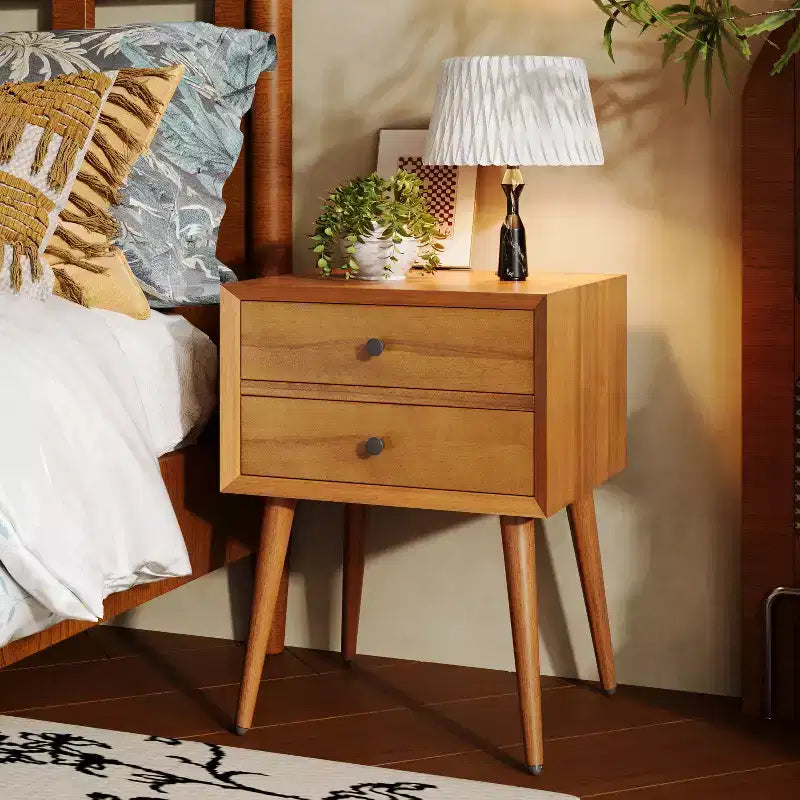 Comodino Caesar in Legno di Acacia Mid-Century Modern con 2 Cassetti – Nero e Marrone
