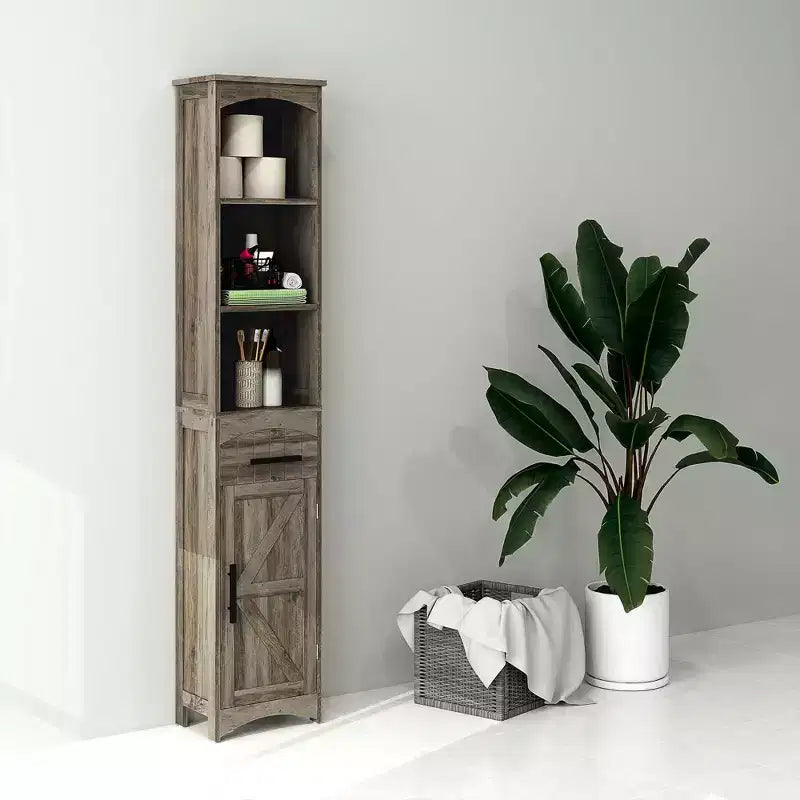 Mobile contenitore stretto da bagno in stile rustico con anta scorrevole e cassetto a incasso