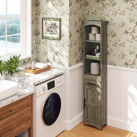 Mobile contenitore stretto da bagno in stile rustico con anta scorrevole e cassetto a incasso