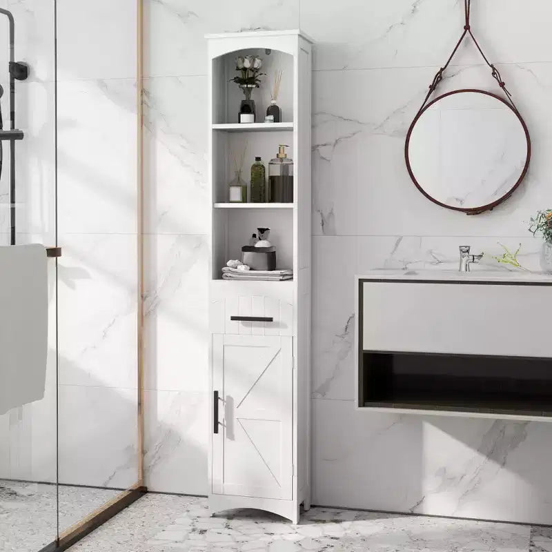 Mobile contenitore stretto da bagno in stile rustico con anta scorrevole e cassetto a incasso