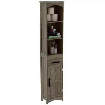 HOMCOM Farmhouse Narrow Bathroom Storage Cabinet with Recessed Drawer, Tall Slim Storage Cabinet with Barn Door