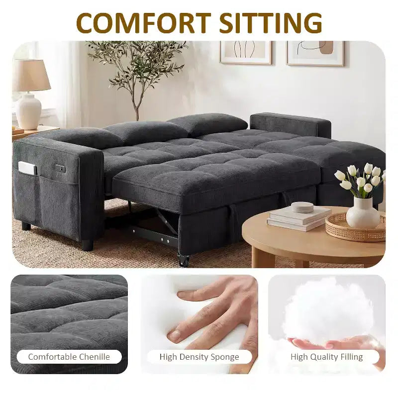 Divano Letto Angolare a L da 81" con Chaise Longue Contenitore, Porta USB e Schienale Regolabile