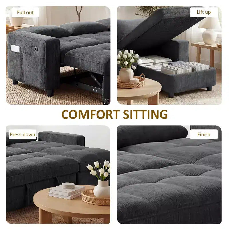 Divano Letto Angolare a L da 81" con Chaise Longue Contenitore, Porta USB e Schienale Regolabile