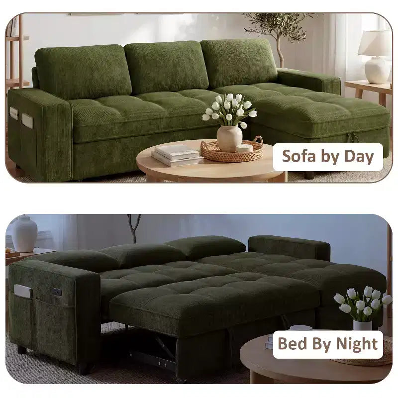 Divano Letto Angolare a L da 81" con Chaise Longue Contenitore, Porta USB e Schienale Regolabile