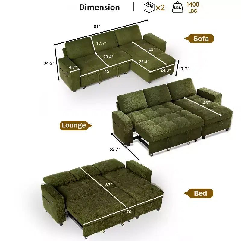 Divano Letto Angolare a L da 81" con Chaise Longue Contenitore, Porta USB e Schienale Regolabile