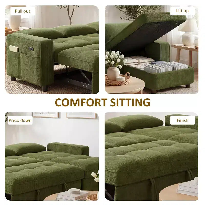 Divano Letto Angolare a L da 81" con Chaise Longue Contenitore, Porta USB e Schienale Regolabile