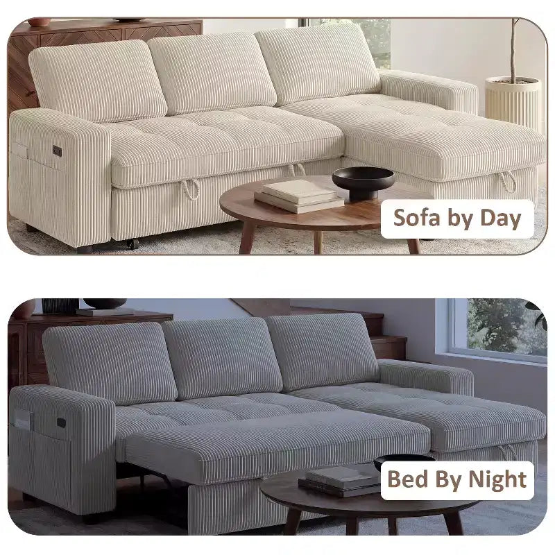 Divano Letto Angolare a L da 81" con Chaise Longue Contenitore, Porta USB e Schienale Regolabile
