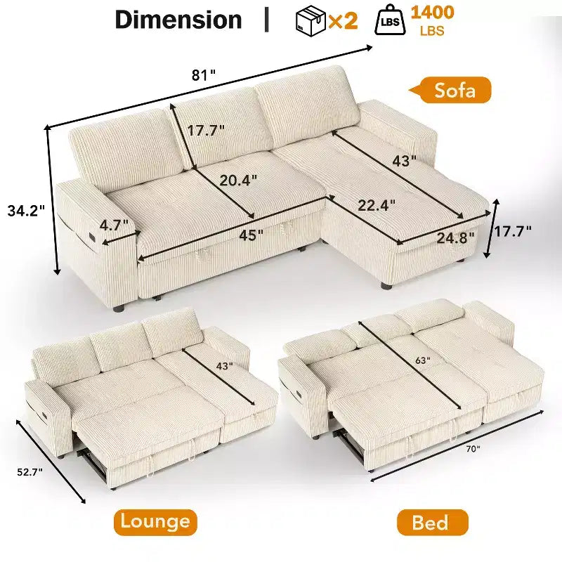 Divano Letto Angolare a L da 81" con Chaise Longue Contenitore, Porta USB e Schienale Regolabile