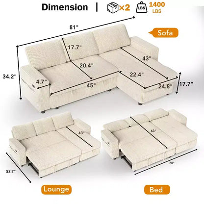 Divano Letto Angolare a L da 81" con Chaise Longue Contenitore, Porta USB e Schienale Regolabile