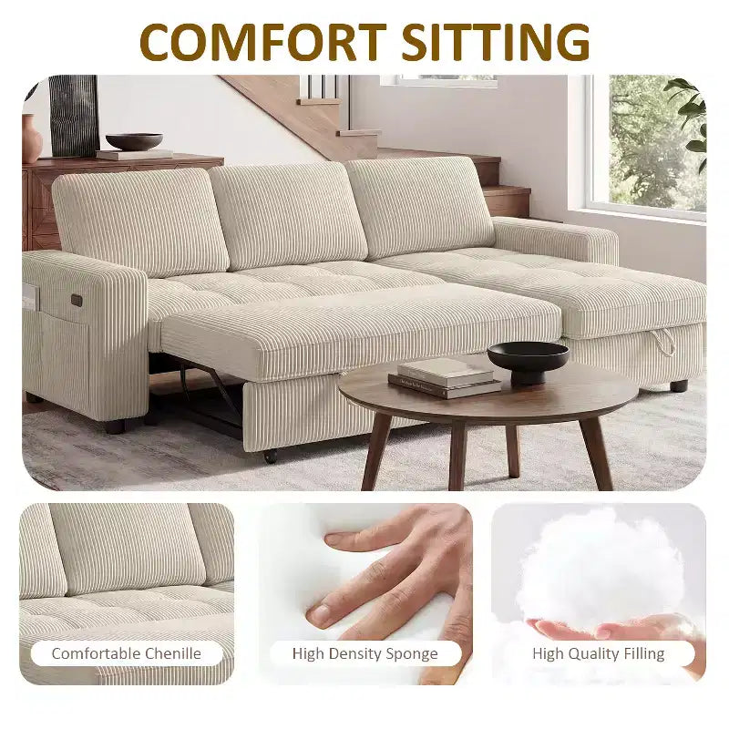 Divano Letto Angolare a L da 81" con Chaise Longue Contenitore, Porta USB e Schienale Regolabile