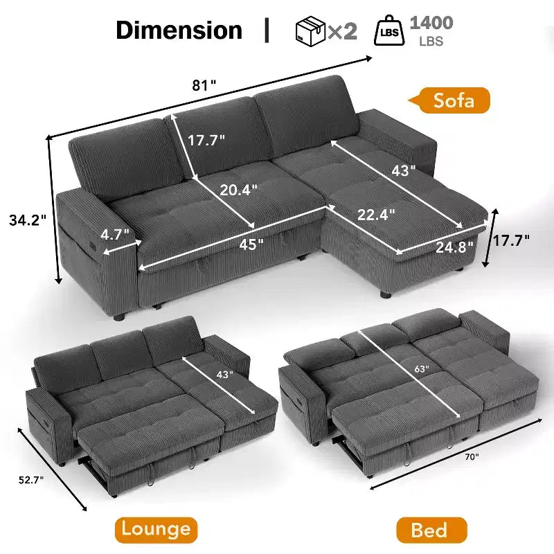 Divano Letto Angolare a L da 81" con Chaise Longue Contenitore, Porta USB e Schienale Regolabile