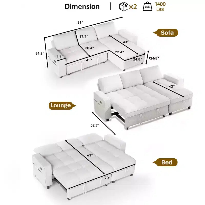 Divano Letto Angolare a L da 81" con Chaise Longue Contenitore, Porta USB e Schienale Regolabile