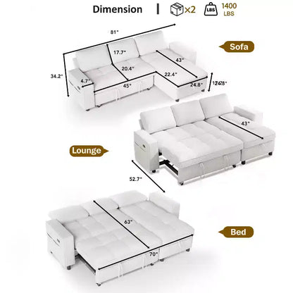 Divano Letto Angolare a L da 81" con Chaise Longue Contenitore, Porta USB e Schienale Regolabile