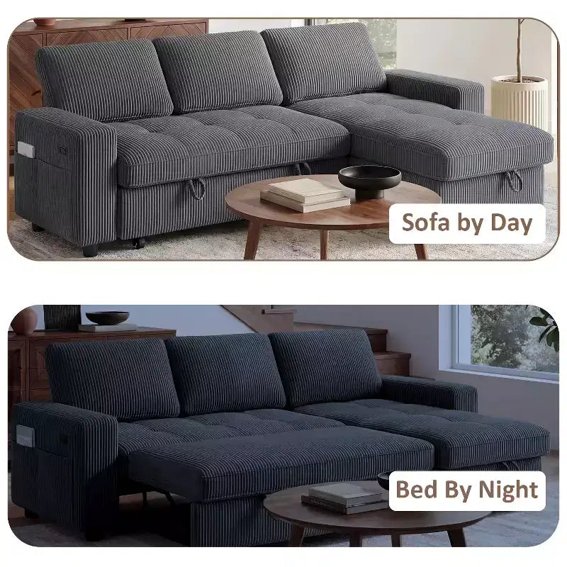 Divano Letto Angolare a L da 81" con Chaise Longue Contenitore, Porta USB e Schienale Regolabile