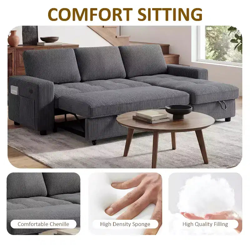 Divano Letto Angolare a L da 81" con Chaise Longue Contenitore, Porta USB e Schienale Regolabile