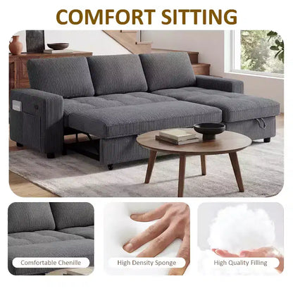 Divano Letto Angolare a L da 81" con Chaise Longue Contenitore, Porta USB e Schienale Regolabile